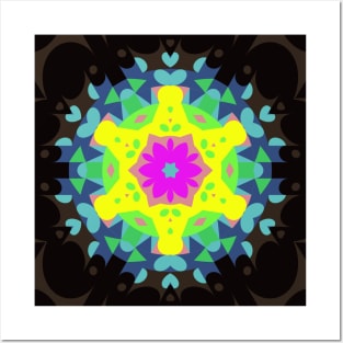 Retro Mandala Flower Pink Yellow Blue and Green Posters and Art